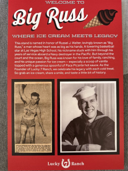 Big Russ ice cream stand display honoring Russel J. Walter with basketball and Navy portraits